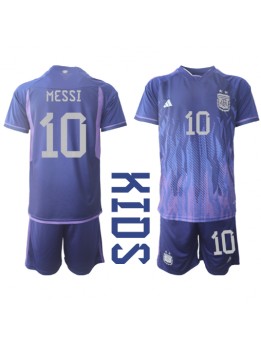 Argentina Lionel Messi #10 Replika Borta Kläder Barn VM 2022 Kortärmad (+ byxor)